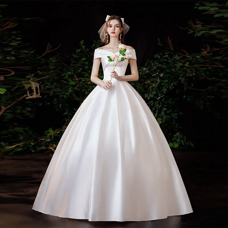 One 3 shoulder satin main wedding dress 2024 new bride