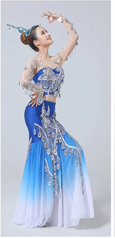 Chinese Dai Dance Dress Water Spirit Peacock Sequin Fish Tail Skirt