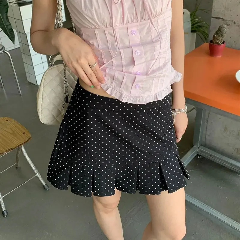 Female Clothing Black Polka Dot Korean Mini Skirts Aura Basic Summer New Fashion Pleated Spliced High Waist A-Line Short Skirts