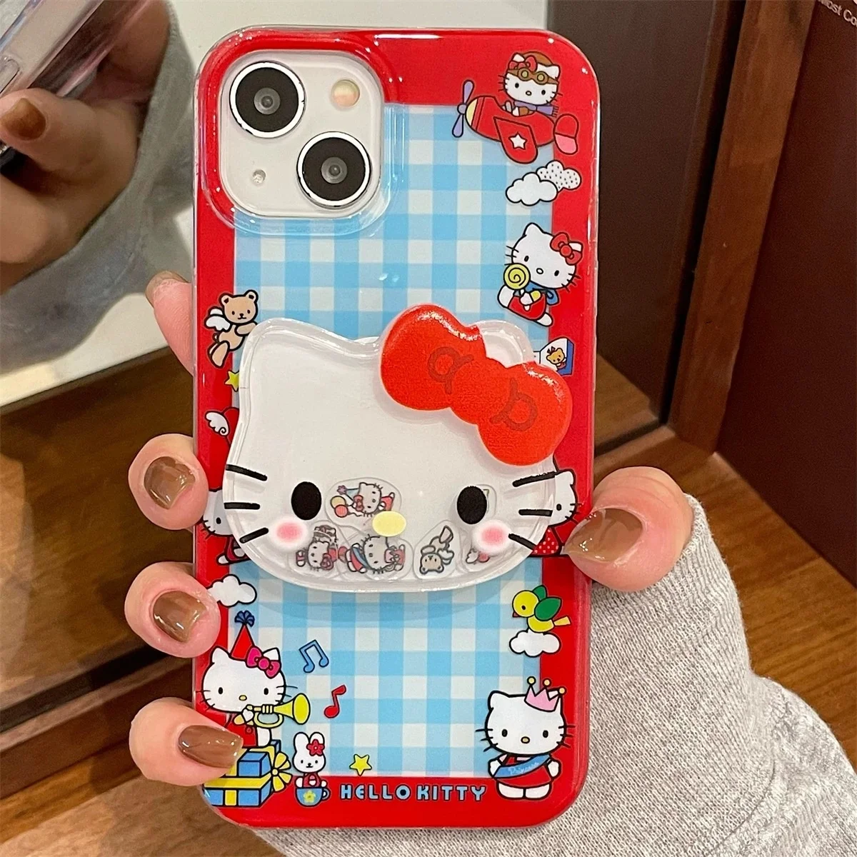 Cute Cartoon Lattice Aircraft Bear Hello Kitty Shake Holder Phone Case For iPhone 13 14 15 16Pro Max Plush Fur Kitty Furry Stand