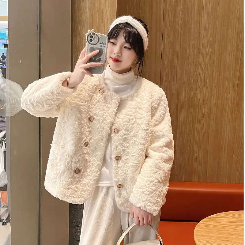 

Winter New Women Faux Rabbit Fur Coat Female Temperament Double Breasted Casual Outwear Fashion Solid Color Round Collar Outcoat