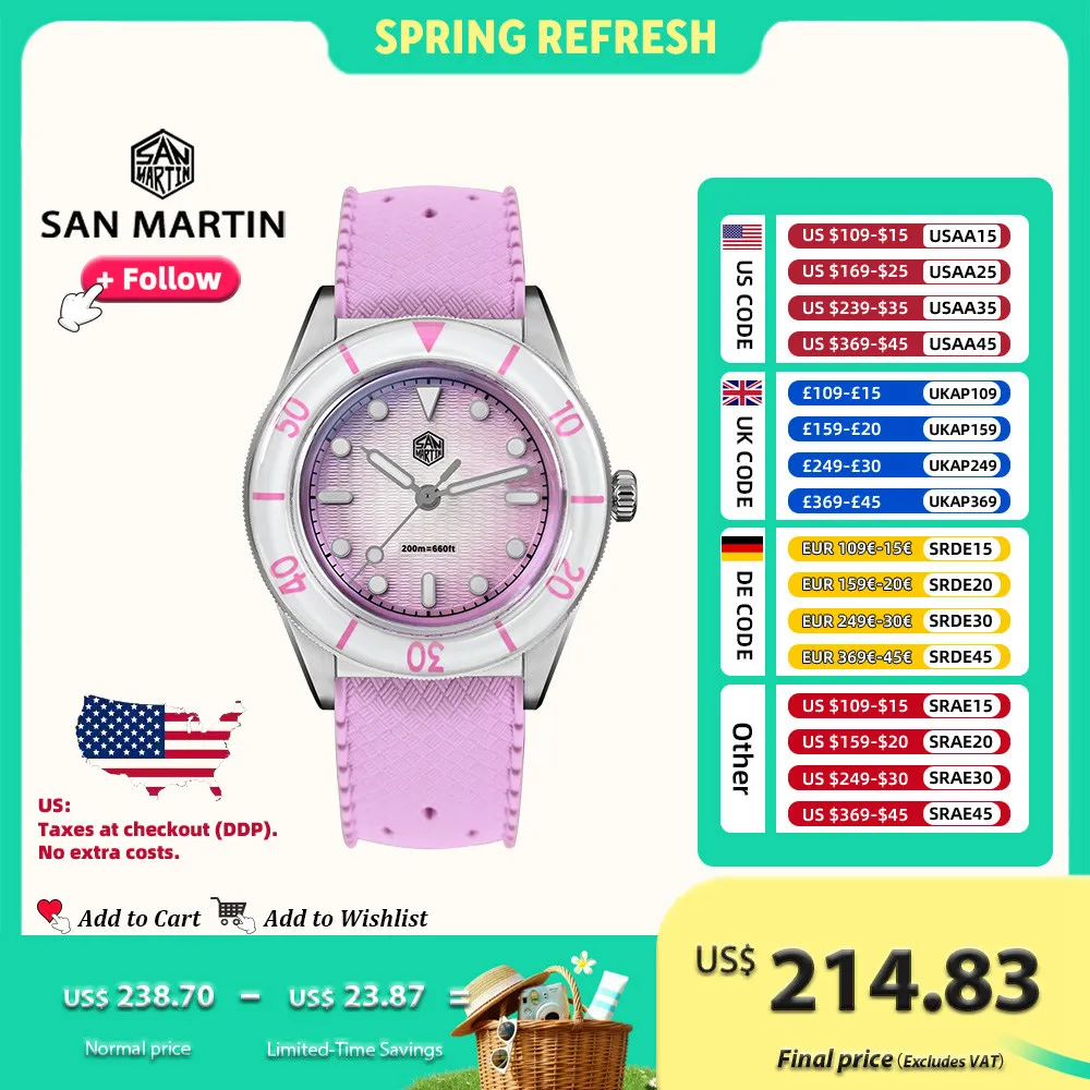 

San Martin SN0151GS 32.5mm Ladies Quartz Watch Fashion Luxury Women Wristwatch Matching Couple Watch MOP Dial Sapphire WR200m