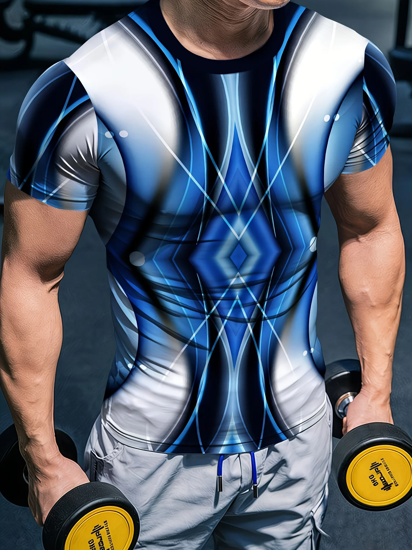 Men Sports Short Sleeve T-shirt High Elastic Quick Dry Blue White Rhombus Curve Line Print Breathable Compression Fitness Top
