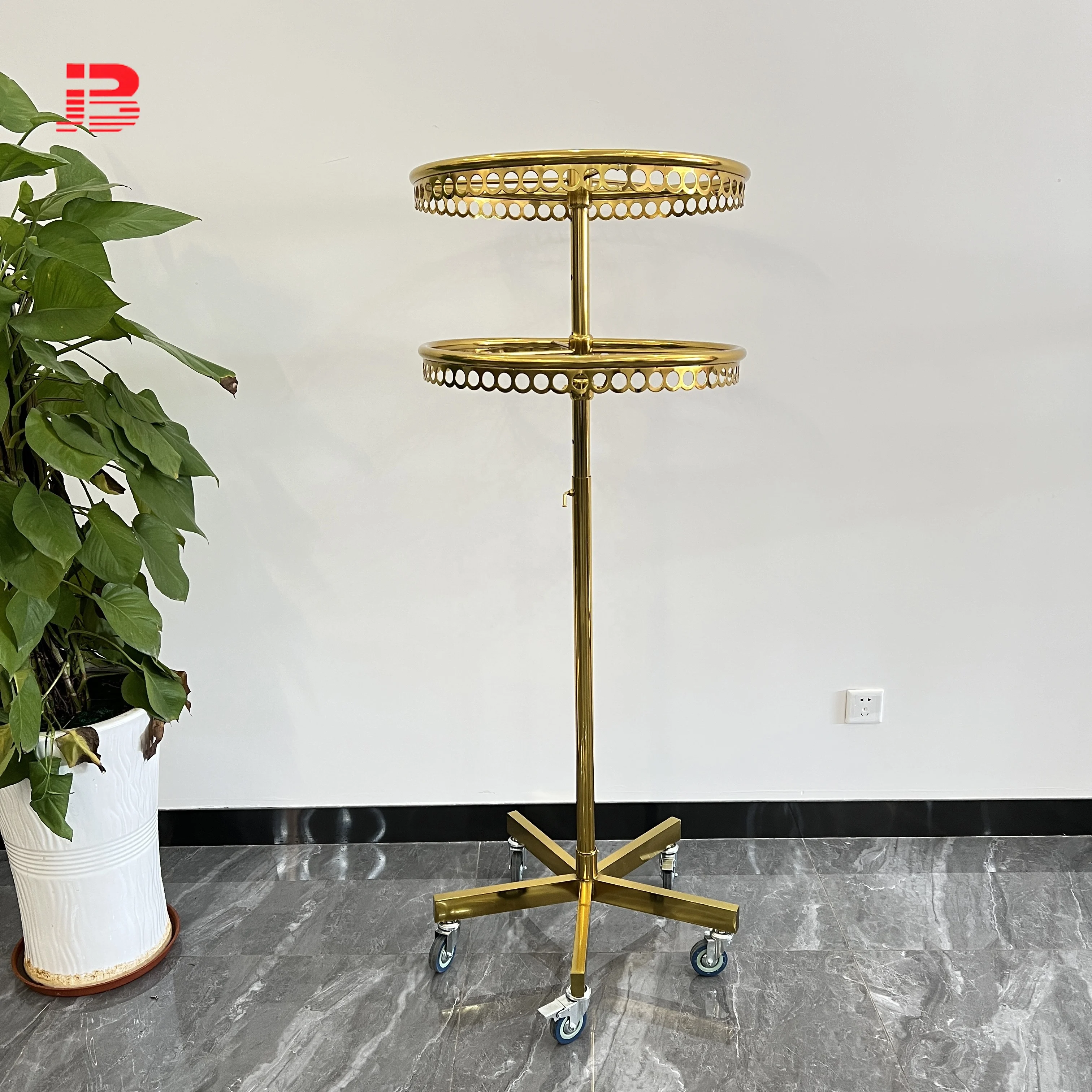 

Metal Gold Clothing Dress Rotating Display Rack/ Removable 2 Layers Shelf