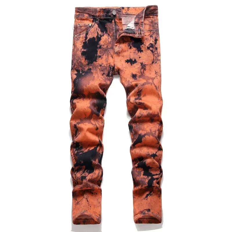 

Pop Streetwear Men's Fashion Orange Slim Jeans Straight Stretch Personalized High Street Hip Hop Punk Rock Denim Trousers