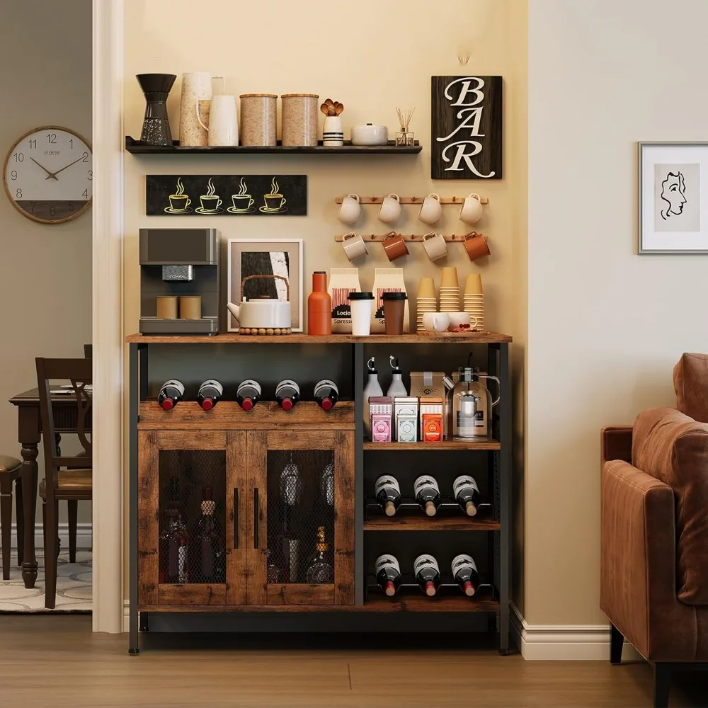 Coffee Bar Cabinet With Glass Holder Small Sideboard and Buffet Cabinet With Mesh Door Bottle Rack Rustic Brown Wine Showcase