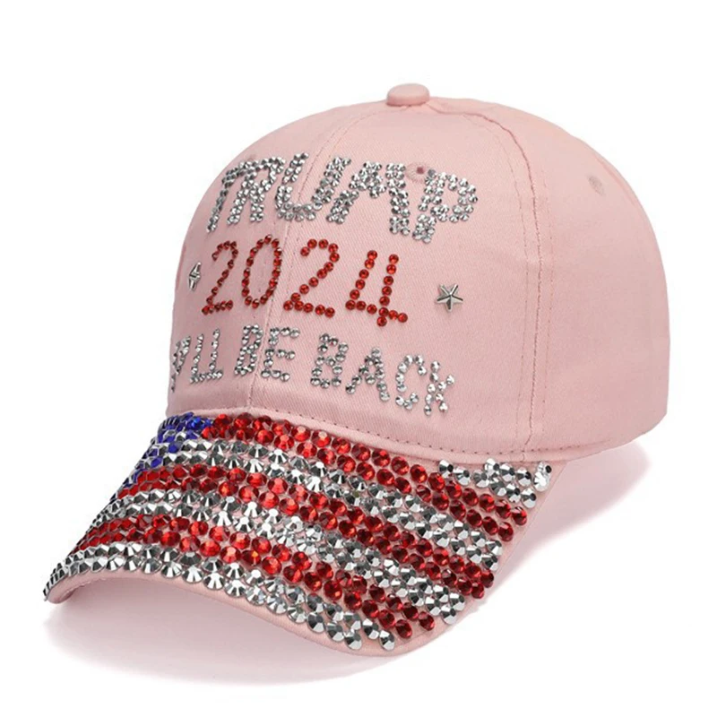 Patriotic Election Day Trump Girl USA American Flag MAGA Hat TRUMP 2024 I\'LL BE BACK Denim Rhinestone Bling Sparkle Baseball Cap