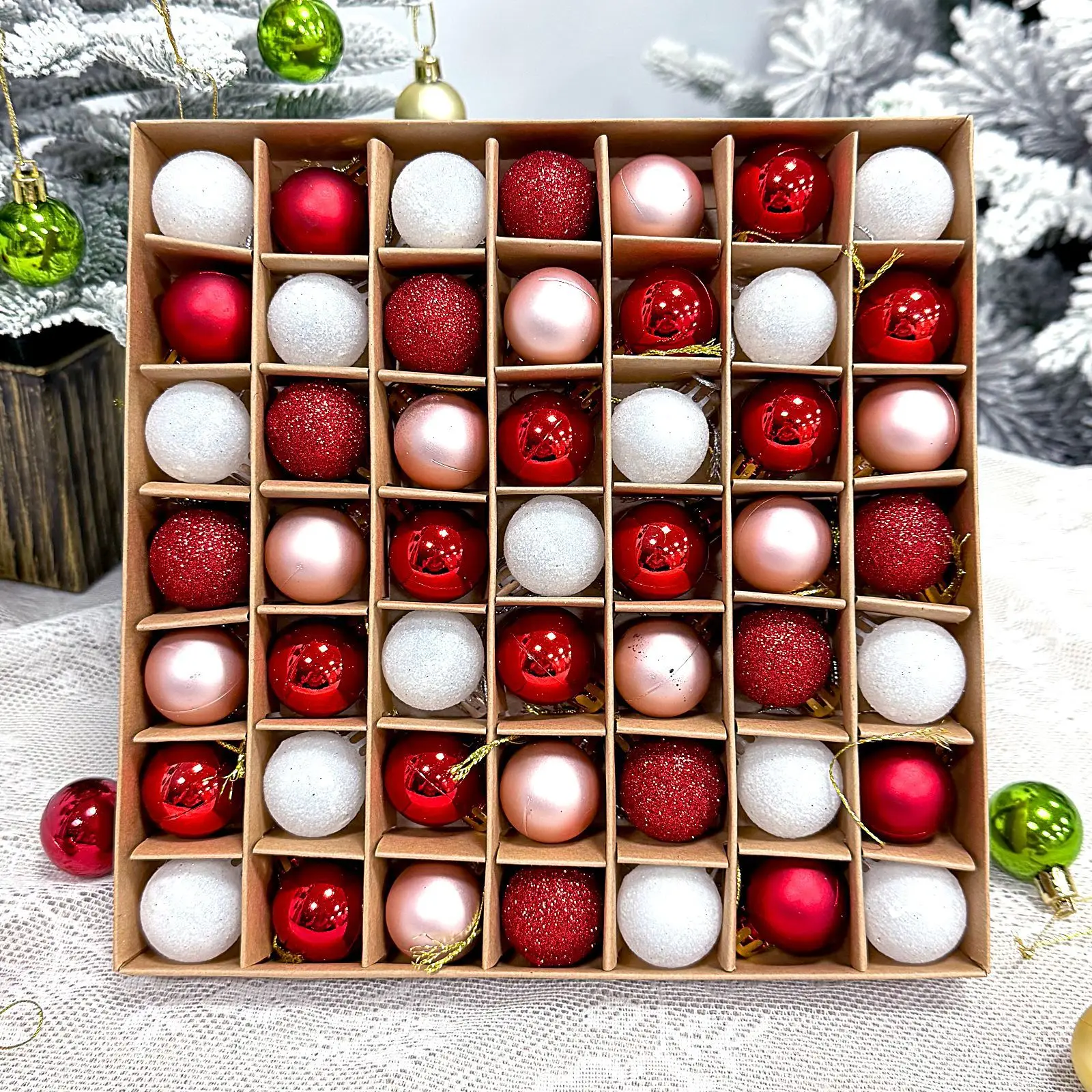 49PCS Set of 3cm Red, Green, and Gold Christmas Ornaments Gift Box Green MonstersChristmas Ornaments Xmas Decor Gifts