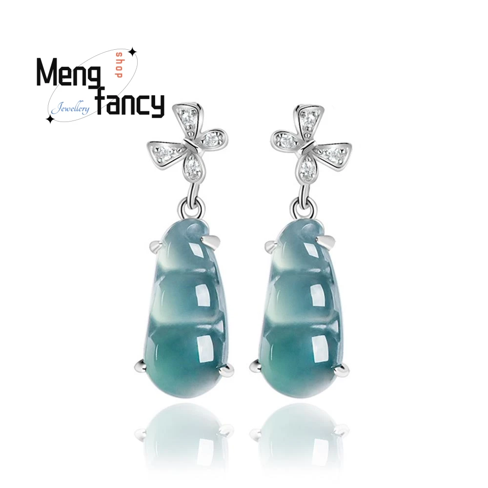 

Natural A-goods Jadeite Blue Water Four Seasons Beans Earrings S925 Silver Inlaid Handicraft Sexy Young Girls Exquisite Jewelry