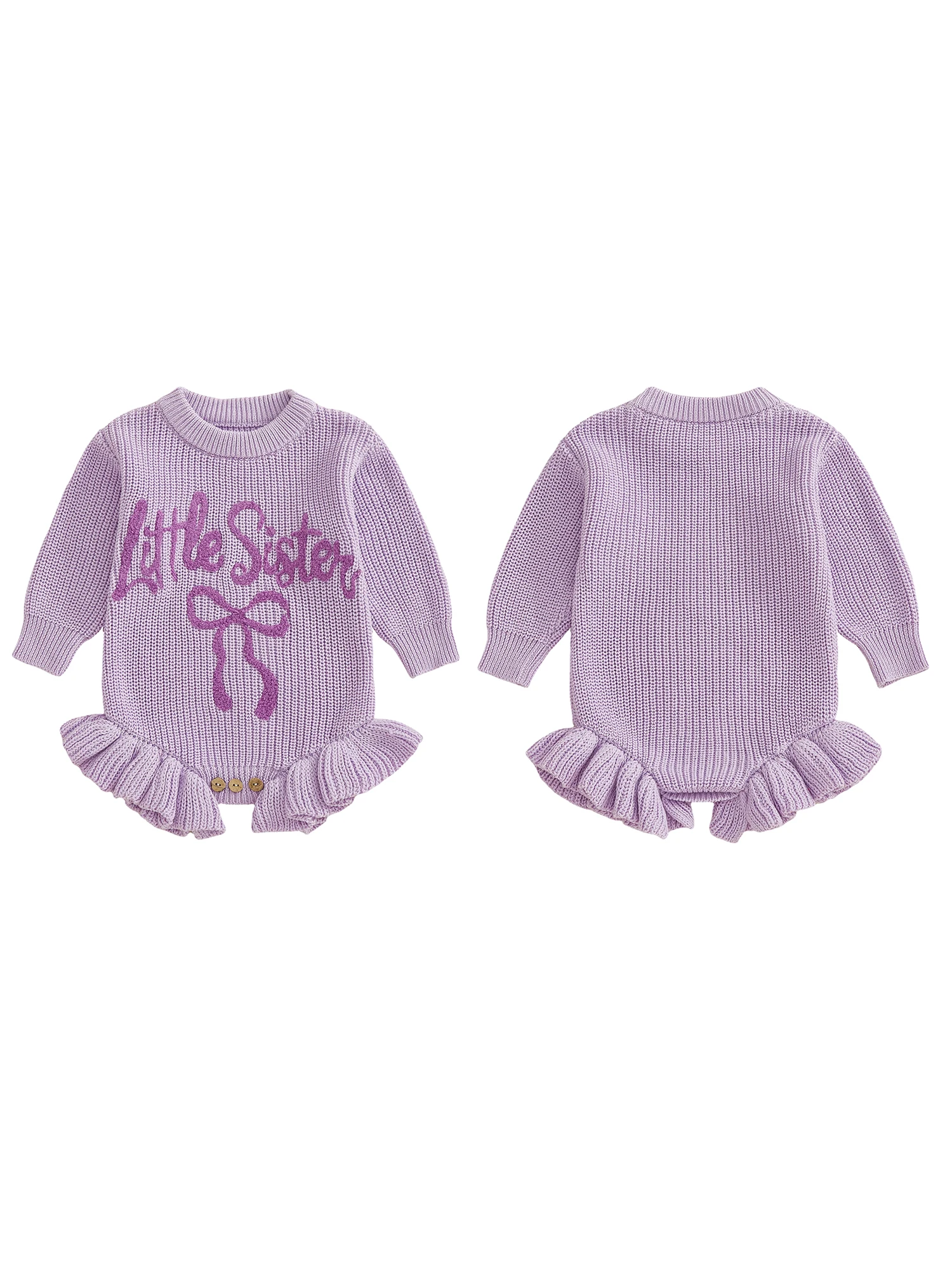 Adorável macacão de menina com mangas compridas, gola redonda, letras fofas, bordado de arco e macacão de malha para bebês