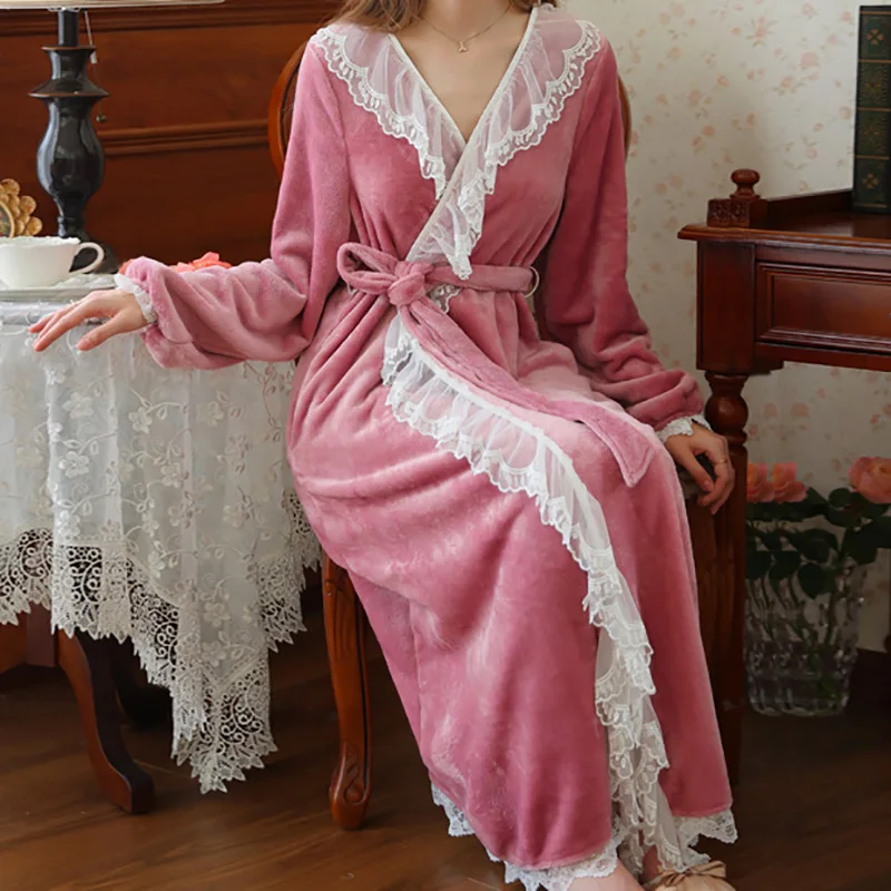 Autumn Winter Sexy Lace Coral Velvet Nightgown for Women Sweet Girl Vintage French Princess Long Sleeve Flannel Night Robe Dress
