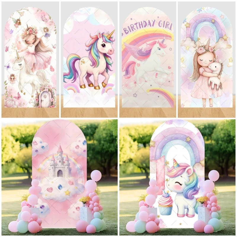 

Unicorn Birthday Decoration Arch Cover Backdrop Rainbow Castle Cloud Decor For Kids Birthday Party Backgrounds For Photographs