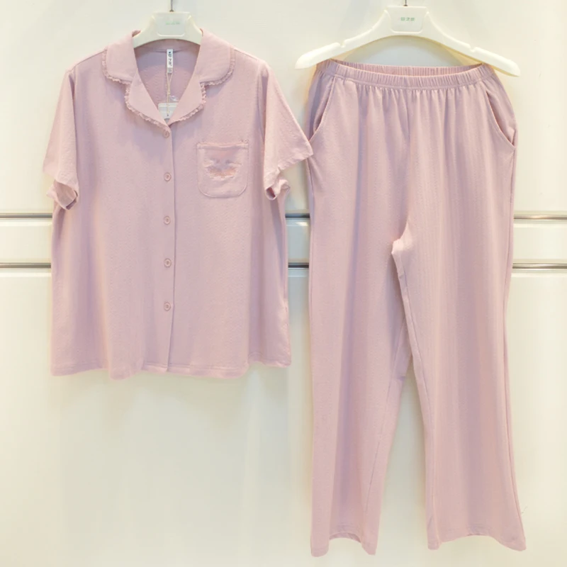 anziban-2026-summer-women's-sleepwear-loose-thin-short-sleeve-long-pants-breathable-cotton-cool-home-clothes-v-neck-button-front