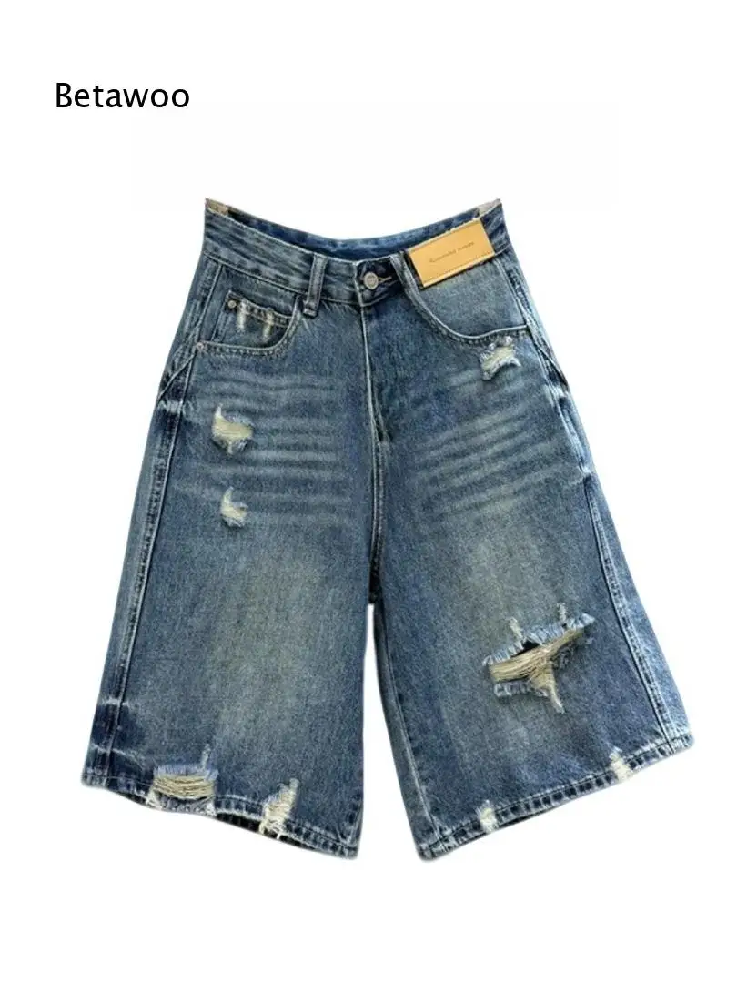 Vintage Blue Distressed Ripped Jean Shorts Women High Waist Wide Leg Bermuda Cut Denim Shorts For Outdoor And Daily Use