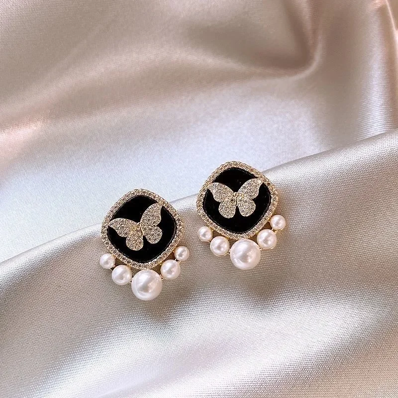 Glaze Black Square Crystal Butterfly Imitation Pearl Stud Earring for Women Temperament Jewelry Christmas Girlfriend Gift image 2