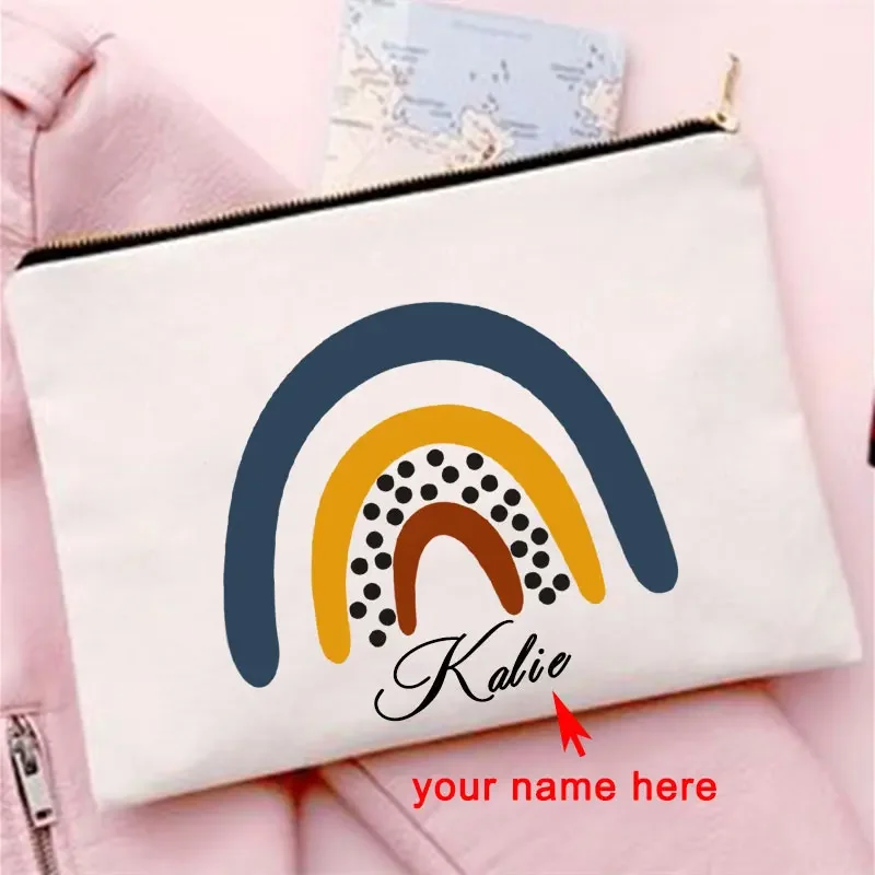 Cadeau Voor Haar Naam Maatwerk Regenboog Print Cosmetische Tas Clutch Toiletartikelen Organizer Reizen Vrouwen Make-Up Hoesjes