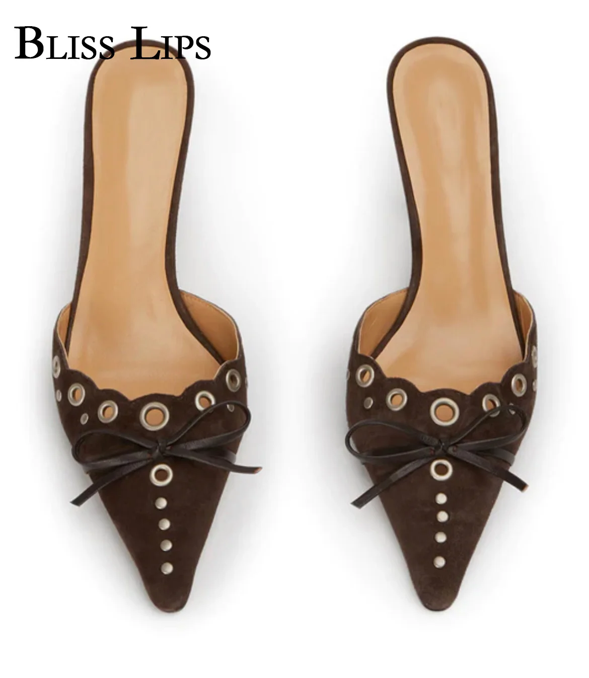 

Босоножки женские на высоком каблуке, сандалии без задника с заостренным носком, Завязывающиеся на банте, с перфорацией, дизайнерская обувь