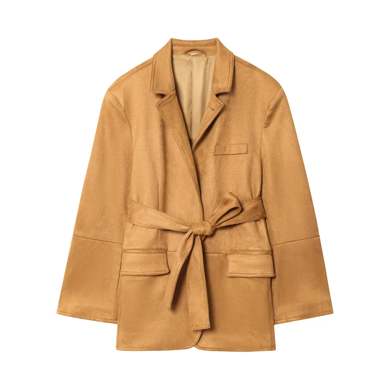 

Women's Jacket New Fall 2025 Long Sleeve Camel Suede Belt Embellished Blazer Casual Fashion Personality Versatile