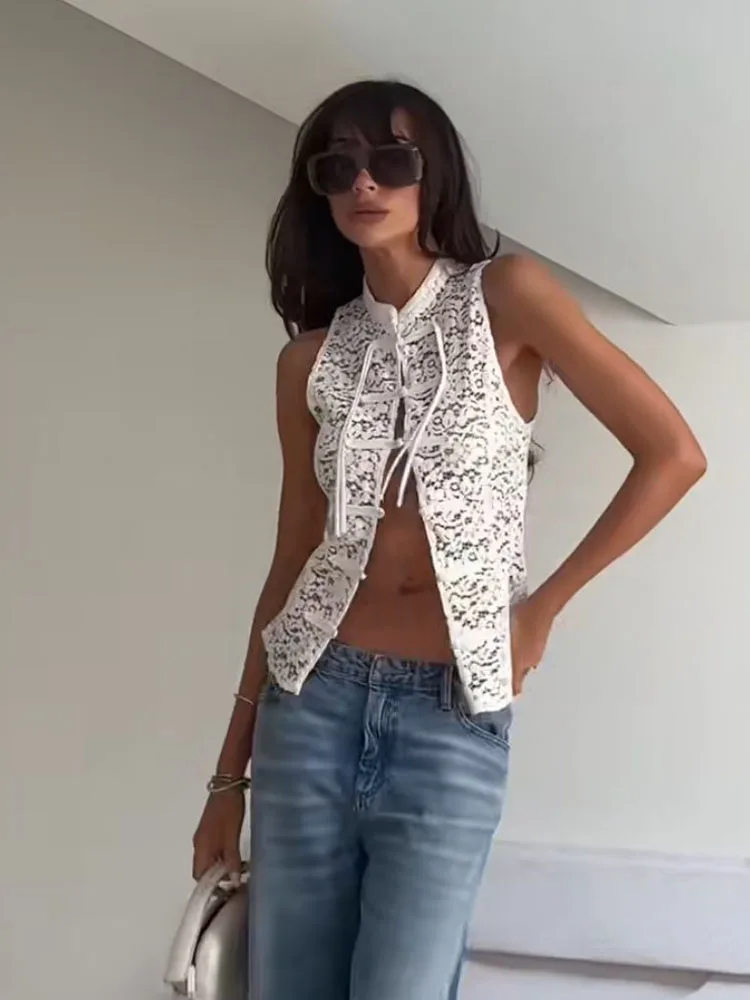 HH New Fashion Women Versatile Single Breasted Lace Hollow Decoration Short Top Summer Woman Sleeveless Sexy Slim Vest Top