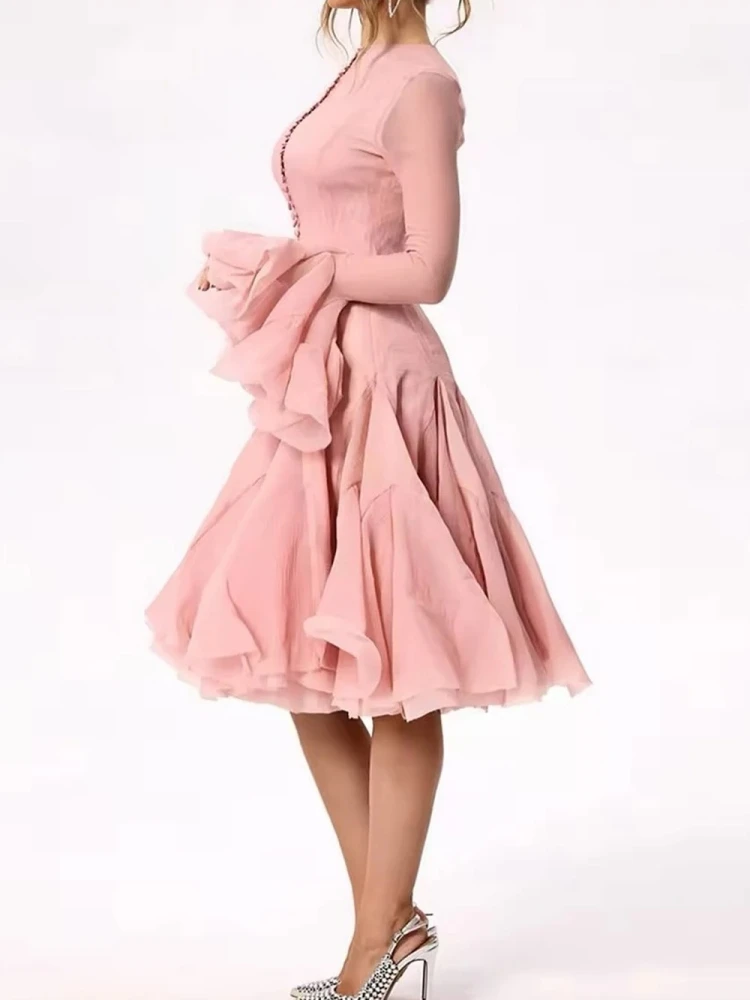 فستان ميدي مثير بياقة دائرية وأكمام طويلة غير منتظمة بطيات مرقعة للنساء فساتين ضيقة بأكمام مضيئة وردية اللون وحفلات الكوكتيل #3