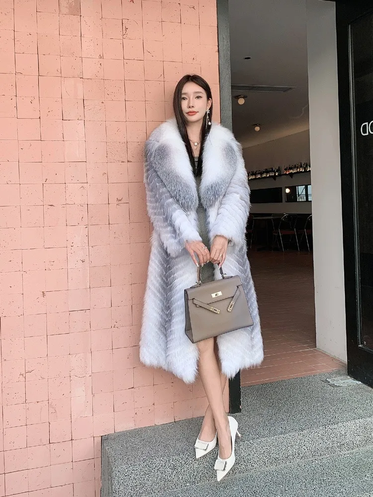 Lady Clothes Long Real Fur Coat Women Natural Silver Fox Autumn Warm Female Fox Parkas high Quality Outwear