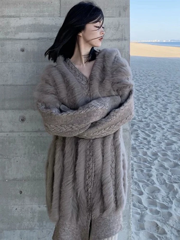 

Hot Sale Women Fashion Spring Autumn Real Fox Fur Sewed Decoration Long Warm Thick Knitting Sweater Overcoat