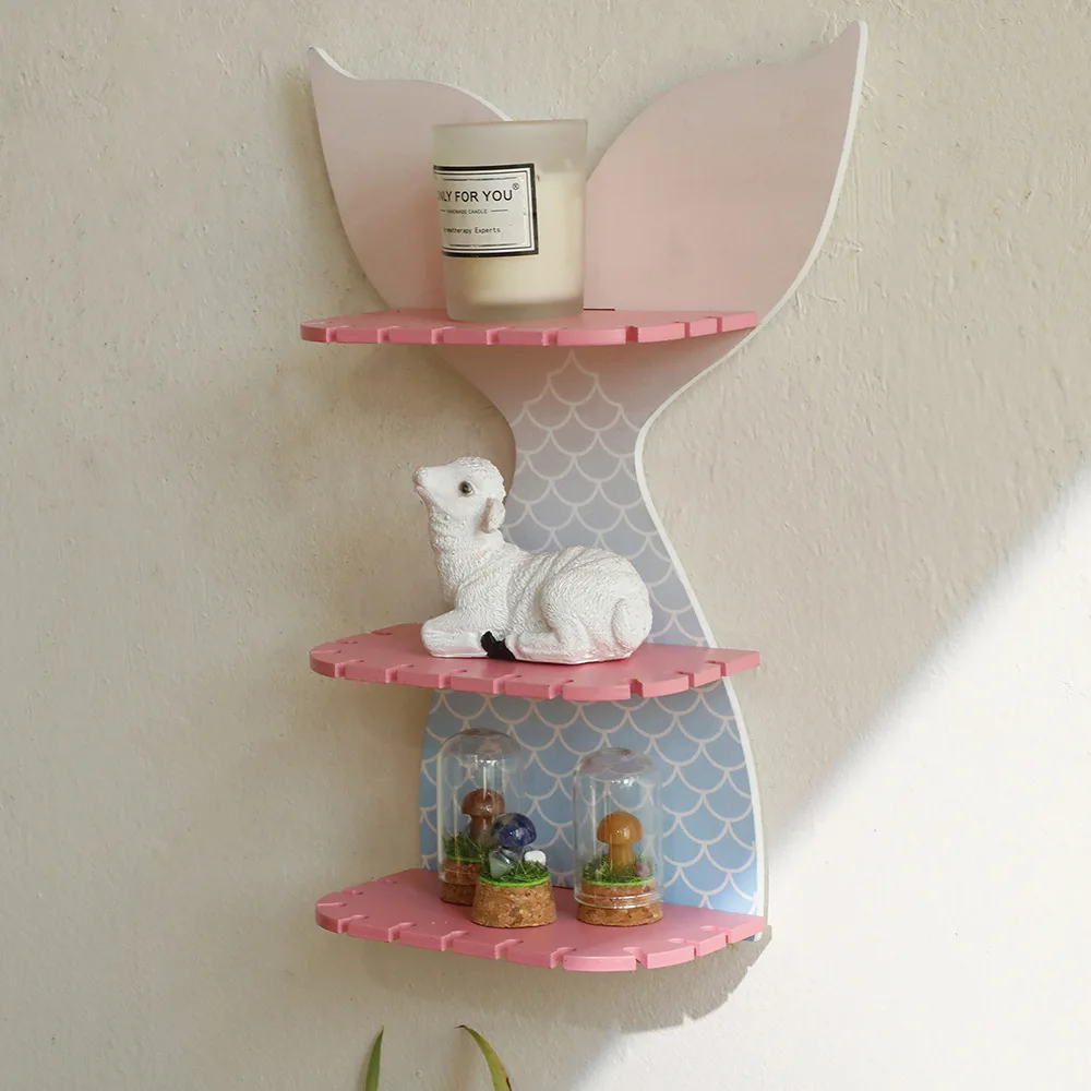 لون ذيل السمكة جدار تخزين الرف قطع الليزر 3-layer تخزين خشبي الرف الفنون والحرف زجاجة مجوهرات تخزين المنزل جدار ديكور