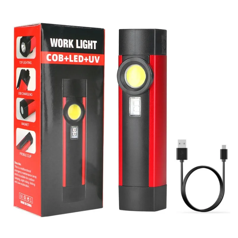 Powerful COB LED Flashlight Magnetic Work Light USB Rechargeable Inspection Light with Side Light Built-in Battery