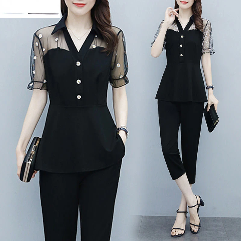 

Summer New Korean Fashion Hollowed Out Daisy Elegant Women's Suit Sexy Lace Chiffon Shirt Pants Two-piece Set Trouser Suits N593