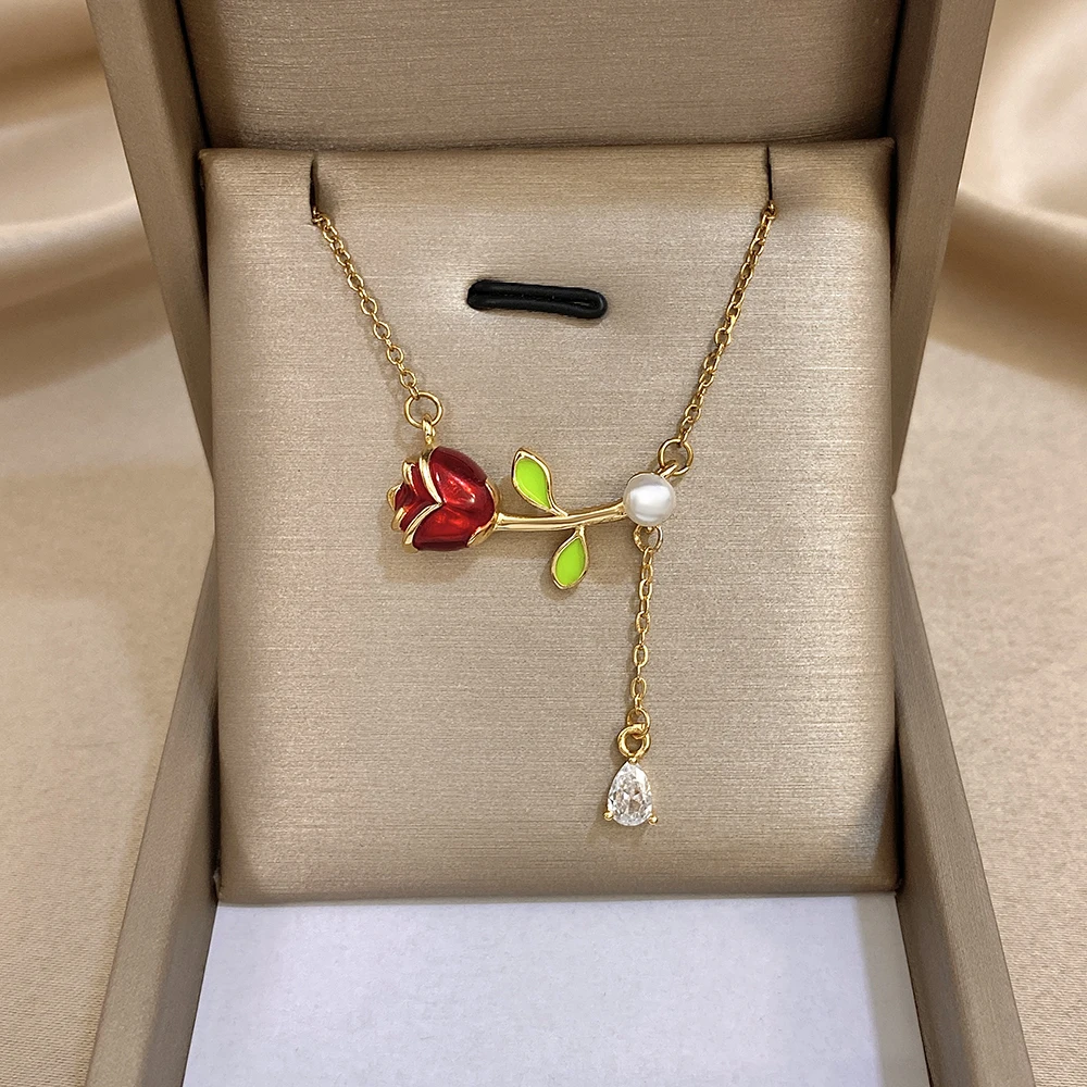 ファッショナブルなパールレッドエナメルローズペンダントネック - Pearl Choker Necklace Vintage のレビューと価格