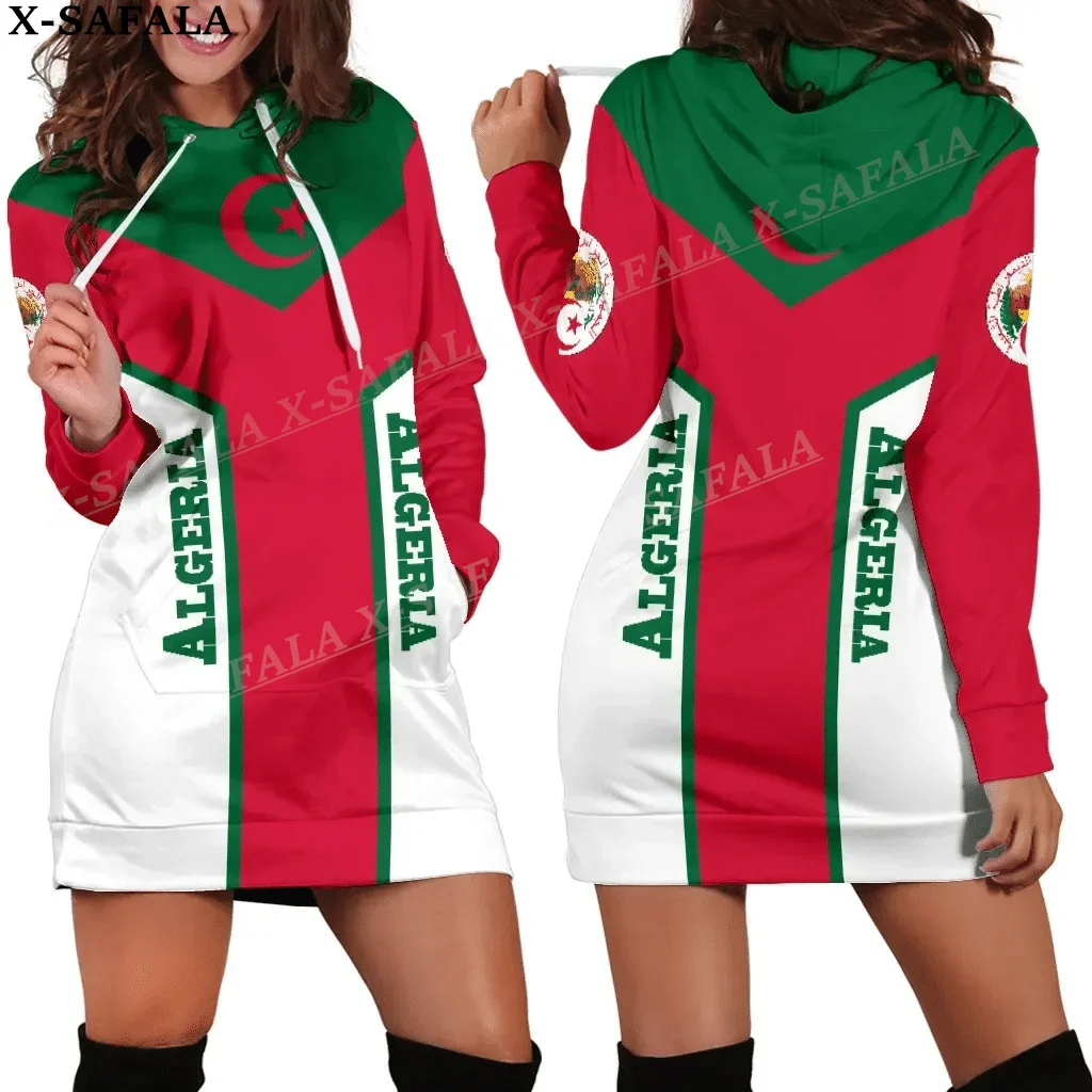 Algeria  Coat Of Arms Flag Print Fashion Slim Hoodie Dress Women Casual Wear Long Sleeve Hooded Sweatshirt Pullover-4