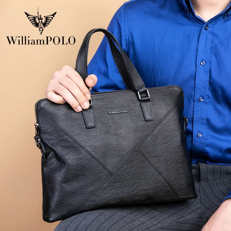 WILLIAMPOLO Top Layer cowhide Men's Bag Business Casual Handbag Black cowhide men's briefcase