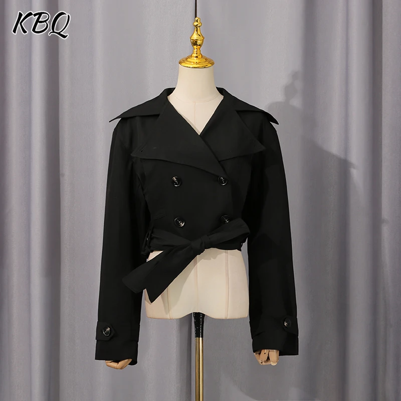 

KBQ Solid Spliuuced Button Short Windbreaker for Women Lapel Long Sleeve Spliced Lace Up Slim Basics Temperament Jacket Female