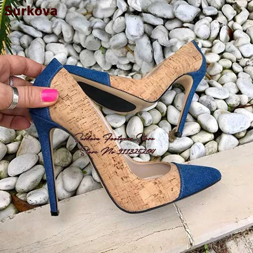 Surkova Wooden Pattern Sky High Heel Dress Shoes Blue Denim Cloth Stilettos Pointed Toe Patchwork Pumps 12cm 10cm 8cm Slip-on