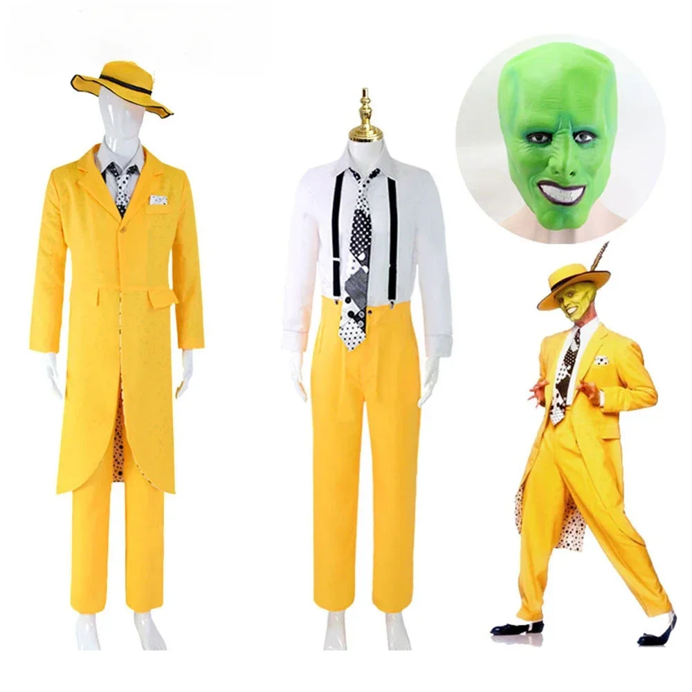 Movie Men Jim Carrey Cosplay Costume Mask For Adult Funny Yellow Full Suit Party Outfit