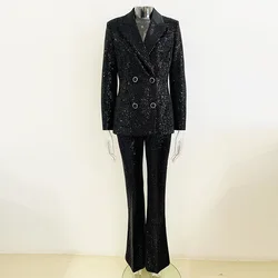 Payetler Glitter altın kadife kadın pantolon takım elbise kruvaze tepe ceketinizin takım elbise ceket alevlendi pantolon uzun kollu Blazer stokta