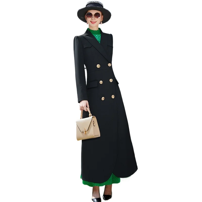 

2025 Autumn Winter Trench Coat Office Lady Black Double Breasted Jackets Long Khaki Pockets Women Turn-down Collar Outwear