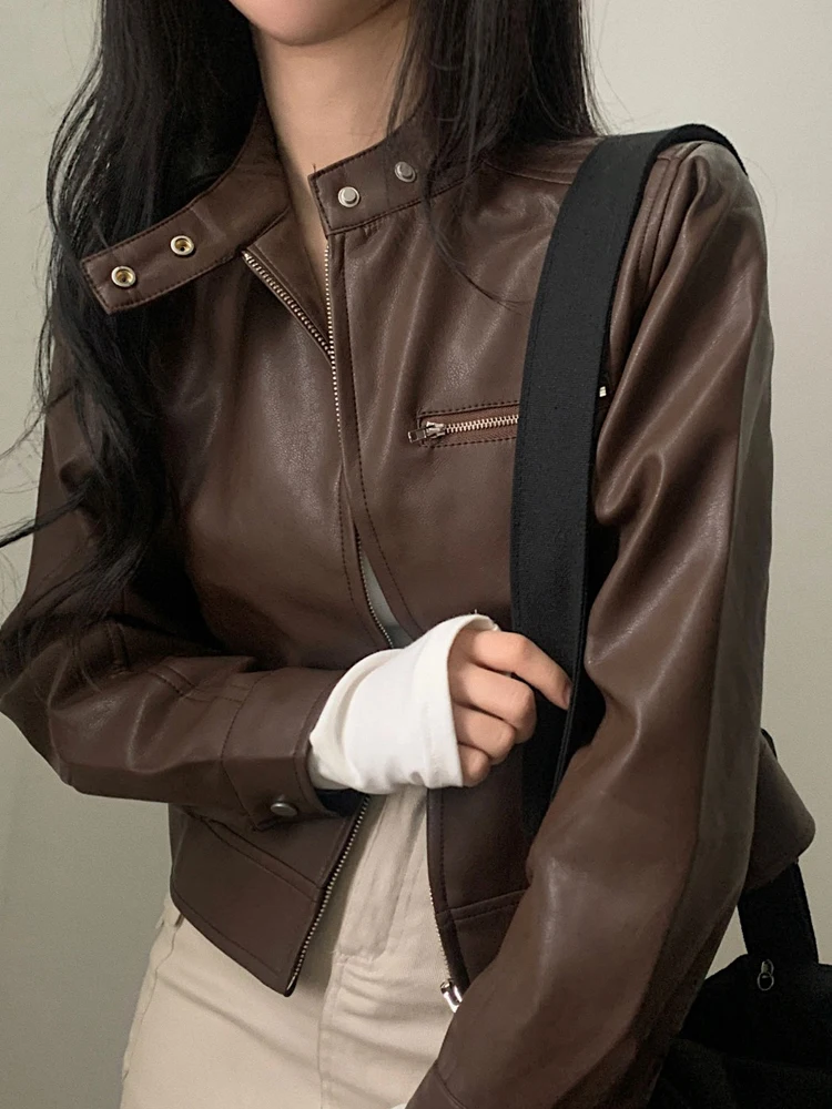 

Retro Hong Kong Sle ort Leather Jaet Women's Autumn Design Sense Zipper Motorcycle Loose Versatile Jaet Top