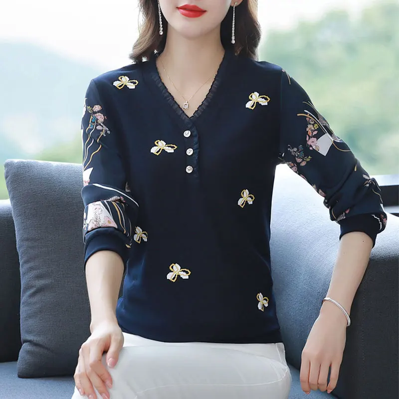 Casual Floral Printed Shirt Elegant V-Neck Button Spring Autumn Long Sleeve Female Clothing Commute Folds Spliced Loose Blouse