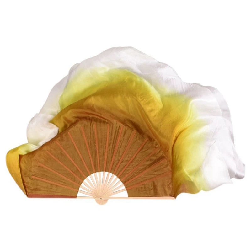 Silk Dance Fan Folk Belly Dancing Fan White Yellow Gradient 2 Layers Yangko Long Silk Veil Double Side Silk Fans