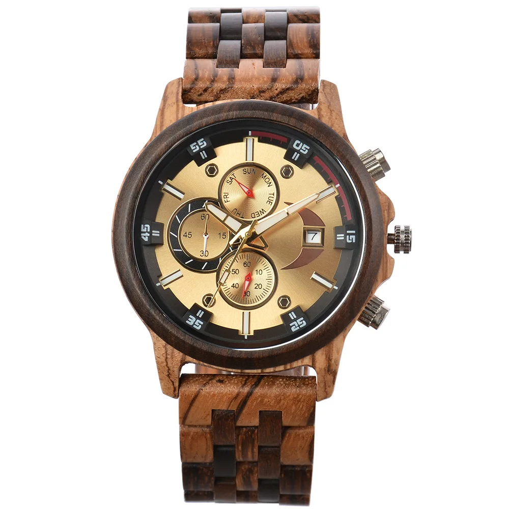 Amazon's hot selling men's sandalwood quartz watch cross-border e-commerce spot three-eye multi-function large dial wooden watch