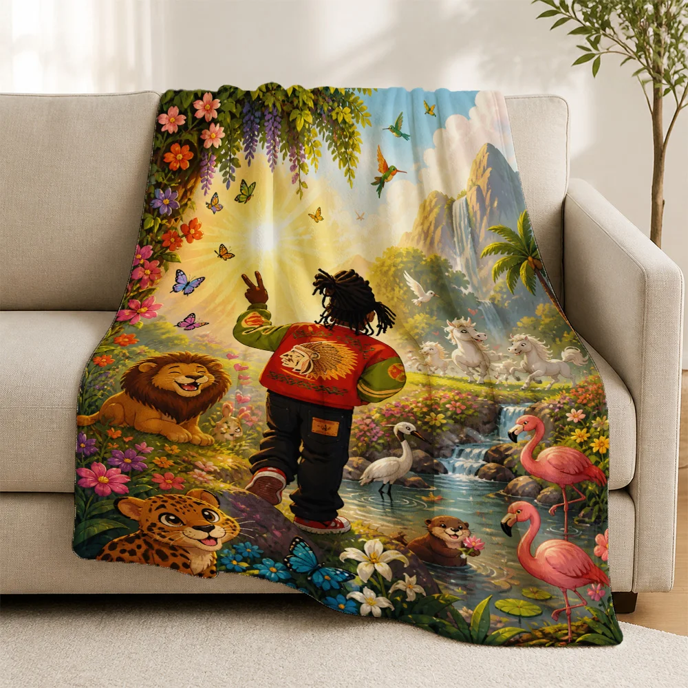 Whimsical Jungle Safari Animal Throw Blanket Couch Decor Cover for Living Room Home Nursery Kids Wildlife Lion Flamingo Print