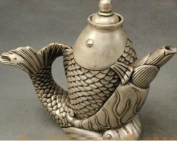 Copper Crafts Brass decoration Fine Brass cobre Marcado Chinese Folk Plata Auspicioso Lotus Forma Fish Estatua Teteras