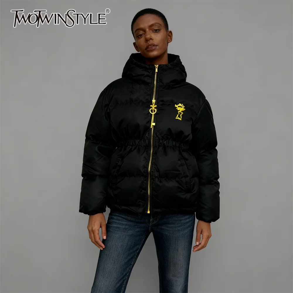 

TWOTWINSTYLE Solid Spliced Sequined Versatile Parkas for Women Hooded Collar Long Sleeves Tunic Fashion Parka Female Winter New