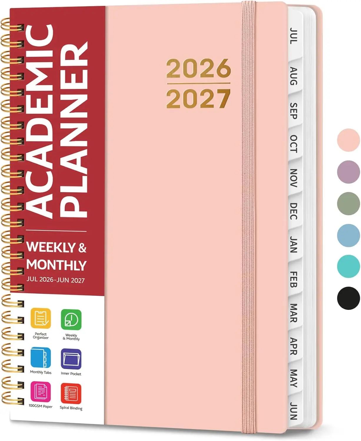 2026-2027 Academic Planner A5 Size, Monthly Weekly Calendar with Tabs for Students Teachers Office School Supplies - Pink