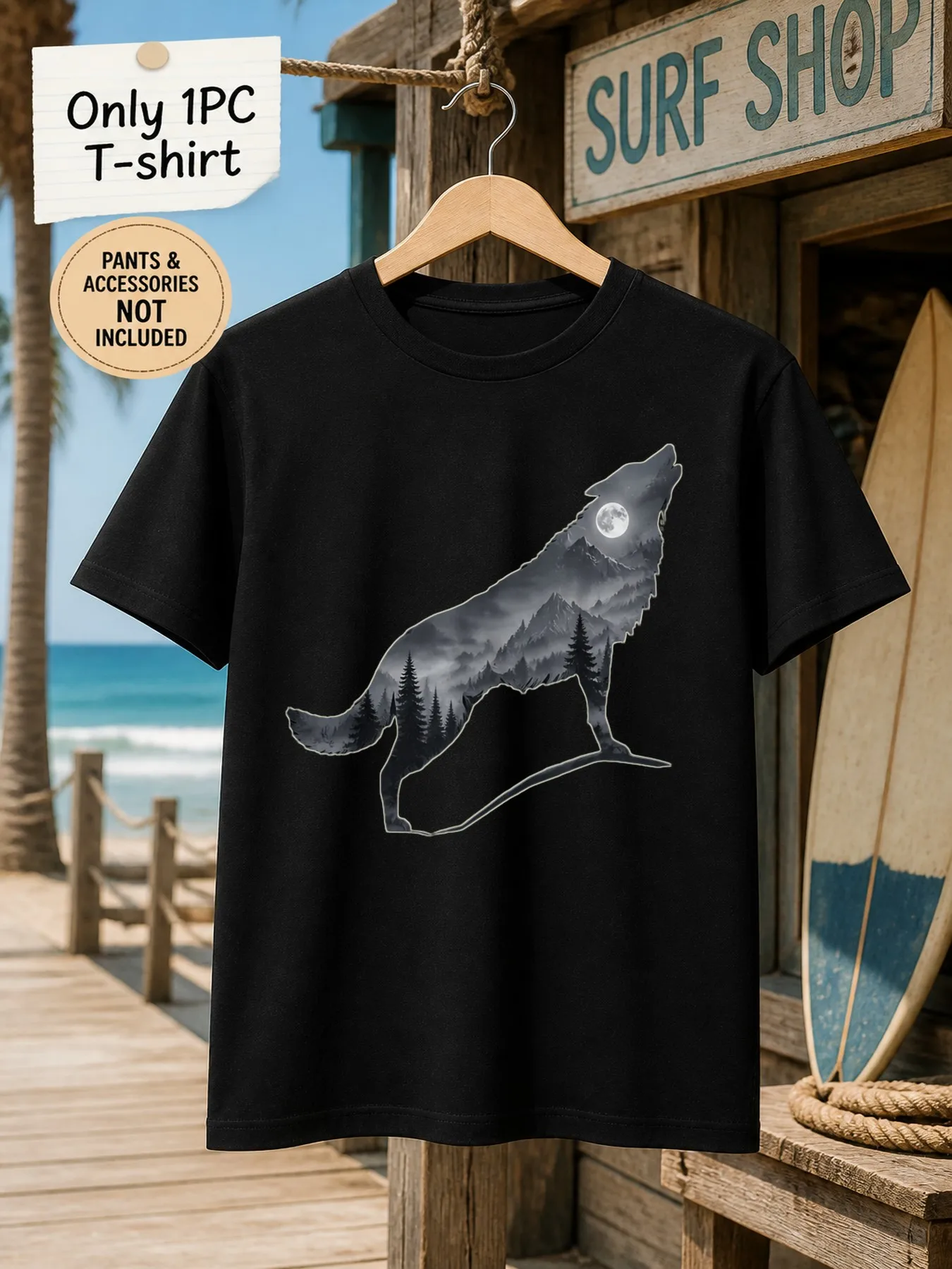 1pc Mens Graphic T Shirt Howling Wolf Mountain Forest Moon Print Short Sleeve Crew Neck[solely 1pc T-SHIRT]