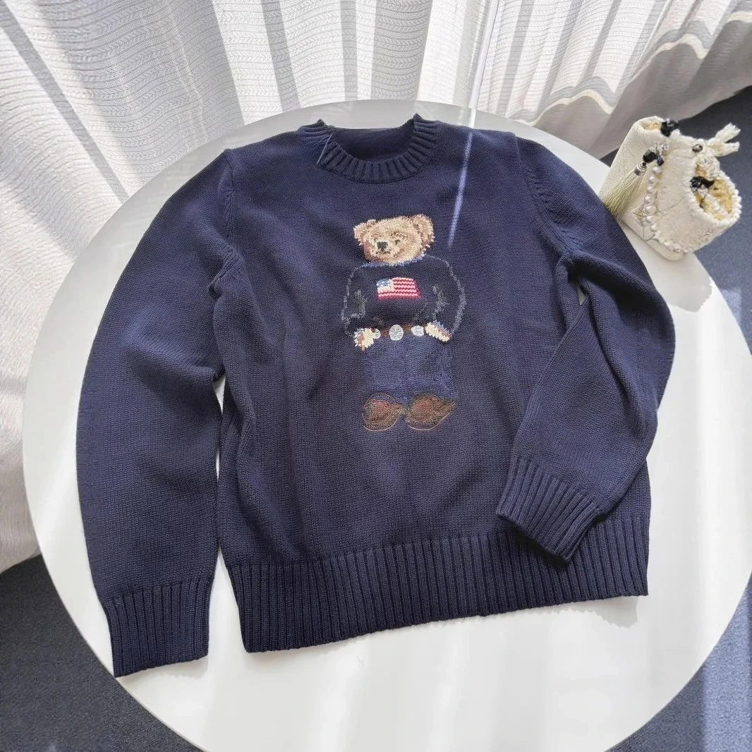 Pull brodé petit ours américain pour hommes et femmes, manches longues, col rond, coupe ample, en tricot, hauts Y2k, vêtements décontractés