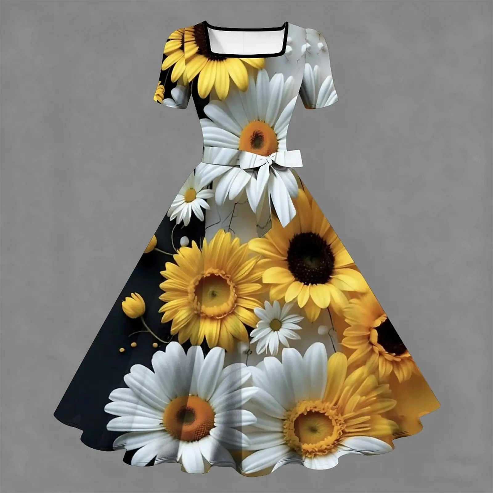 Spring Summer Women's Square Collar Printed Slim Short-sleeved Dress Commuting Beach Vacation Elegant Knee Length Party Skirt