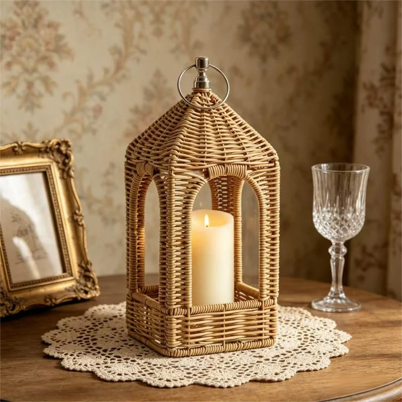 Handmade Artificial Rattan Candle Lantern, Boho Woven Decor Lantern Indoor & Outdoor Decorative Lantern for Patio,Garden,Wedding