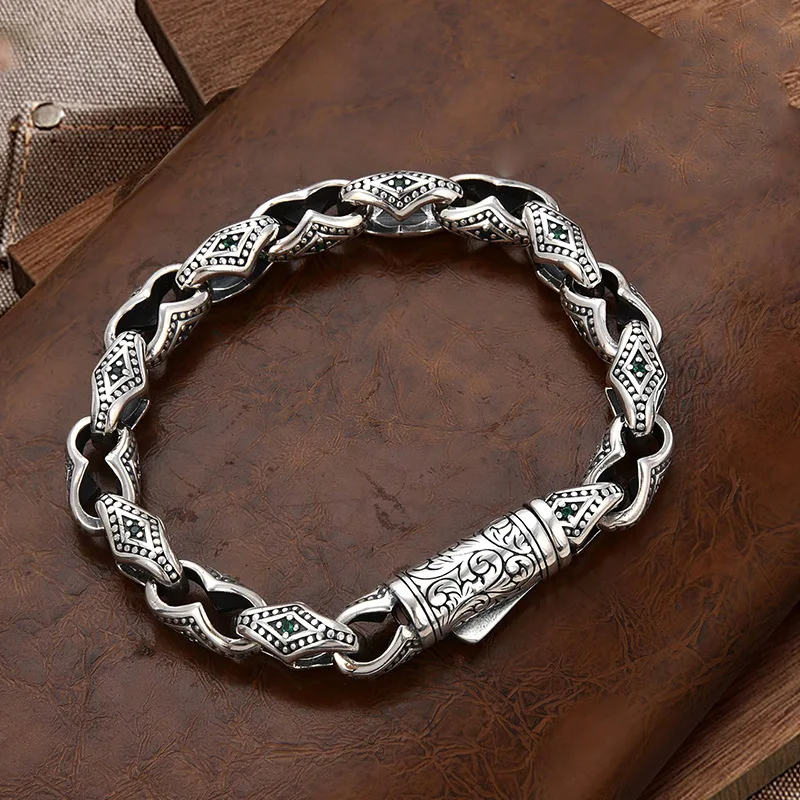 925 Sterling Silver Tang Grass Pattern Bracelet Men's Fashion Punk Vintage Domineering Boys Hand Jewelry Birthday Gift